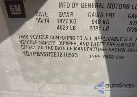 2014 Chevrolet Cruze Ls Manual z USA, uszkodzony, nr VIN 1G1PB5SH5E7370523